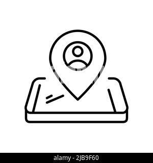 Mobile phone app sharing location. Maps or taxi ordering service. Pixel perfect, editable stroke line icon Stock Vector