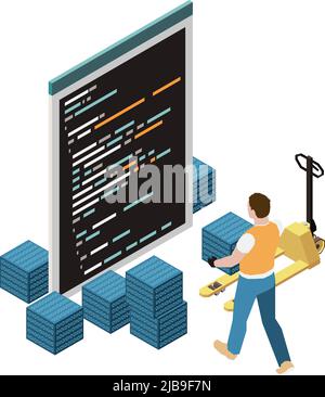 Programming development isometric composition with character of programmer moving cubes of code with forklift vector illustration Stock Vector