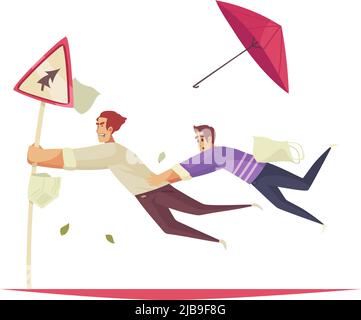 Bad weather composition with two doodle characters hanging on traffic sign post blown by extreme wind vector illustration Stock Vector
