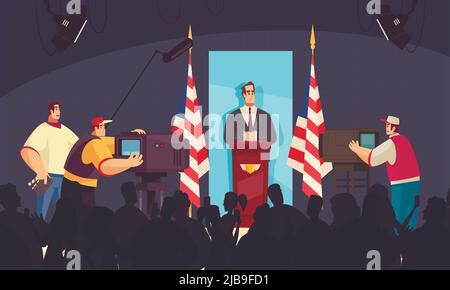 President speaking at the podium in front of people camera operators flat composition dark background vector illustration Stock Vector