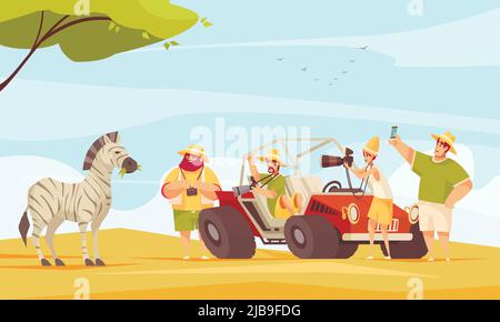 Africa safari tour travelers making photos of zebra with camera and smartphone flat composition vector illustration Stock Vector
