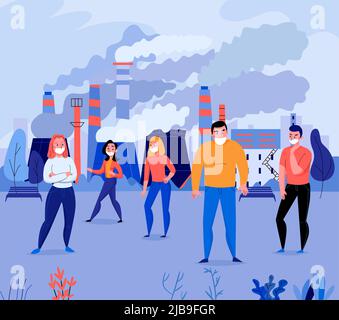 Pollution flat background with group of people wearing face masks near factory polluting air vector illustration Stock Vector