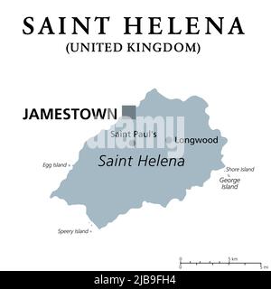 Saint Helena, gray political map. Tropical island and a British possession in the South Atlantic with capital Jamestown. Second exile of Napoleon. Stock Photo