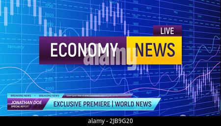 Breaking economy news composition with holographic diagrams background and box captions with editable text news ticker vector illustration Stock Vector