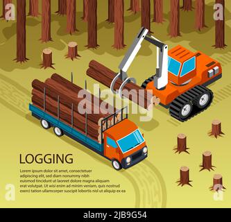 Isometric sawmill woodworking background composition with outdoor forest scenery and excavator loading trunks into a truck vector illustration Stock Vector