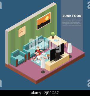 Fat guy eating junk food and watching tv gluttony 3d isometric vector illustration Stock Vector