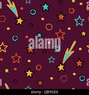 Seamless vector pattern with simple stars on purple background. Happy sky wallpaper design for children. Decorative shooting star fashion textile. Stock Vector