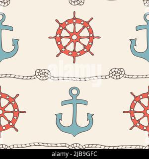 Seamless vector pattern with anchor and ship wheel on light yellow background. Simple nautical wallpaper design. Decorative marine fashion textile. Stock Vector