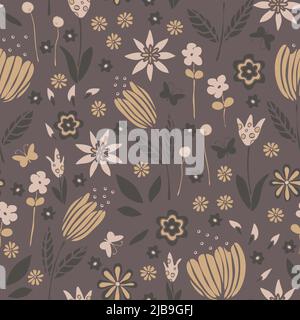 Seamless vector pattern with flower meadow on brown background. Simple dream garden wallpaper design. Decorative vintage floral fashion textile. Stock Vector