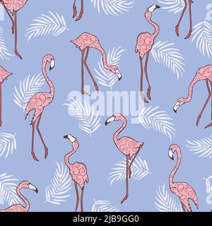 Seamless vector pattern with textured flamingos on blue background. Simple tropical bird wallpaper design. Decorative summer holiday fashion textile. Stock Vector
