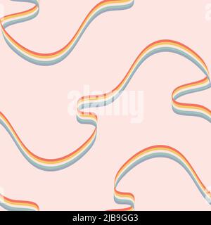 Seamless vector pattern with flowing rainbow on light pink background. Soft wavy ribbon wallpaper design. Decorative pastel stripe fashion textile. Stock Vector