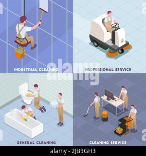 Cleaning isometric icon set with industrial cleaning professional service general cleaning descriptions vector illustration Stock Vector