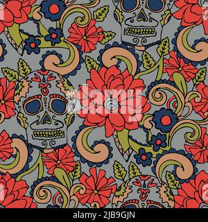 Seamless vector pattern with floral skull on grey background. Busy Mexico flower wallpaper design. Decorative Gothic fashion textile. Stock Vector