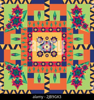 Seamless vector pattern with geometrical flowers on quilt square Floral repeat fabric swatch with colourful flowers. Stock Vector
