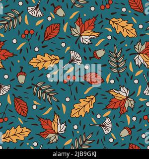 Seamless vector pattern with autumn leaves on blue background. Busy seasonal forest wallpaper design. Decorative modern fashion textile. Stock Vector