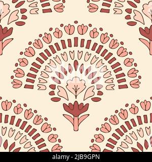 Seamless vector pattern with flower fan on pink background. Beautiful floral rainbow wallpaper design. Decorative tribal fashion textile. Stock Vector
