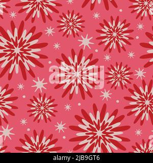 Seamless vector pattern with abstract flowers on pink background. Glowing floral wallpaper design with stars. Celebration fashion textile. Stock Vector