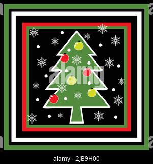 Vector pattern with Christmas tree on black background. Winter decoration wallpaper design in square. Holiday season fashion textile. Stock Vector