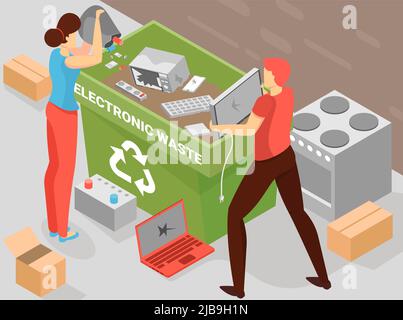 Battery recycling background with electronic waste symbols isometric vector illustration Stock Vector