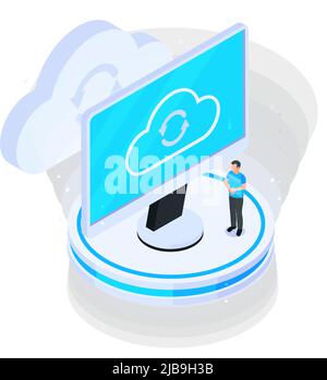Cloud services isometric composition with computer screen showing cloud sync icon and human character vector illustration Stock Vector
