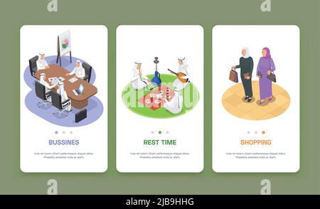 Colored isometric banners set with arab people working resting and doing shopping 3d isolated vector illustration Stock Vector