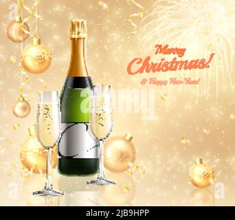 Background realistic champagne new year with green bottle and champagne glass on golden background vector illustration Stock Vector