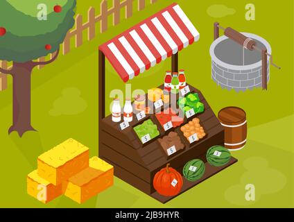 Farm local market isometric composition with 3d text clouds and modern ...