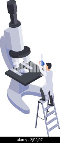 Future technology isometric icon with microscope and tiny character holding laboratory flask vector illustration Stock Vector