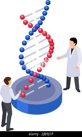 Future technology isometric icon with two human characters and dna strand 3d vector illustration Stock Vector