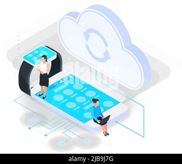 Cloud services isometric composition with icons of electronic gadgets with cloud sync icon and human characters vector illustration Stock Vector