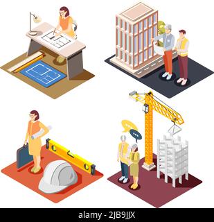Architectural engineers work concept 4 isometric compositions with panning design technical drawing buildings construction supervision vector illustra Stock Vector