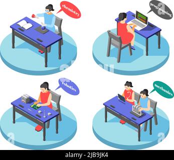 Children technical training centers concept 4 round isometric compositions with chemistry robotics programming skills isolated vector illustration Stock Vector