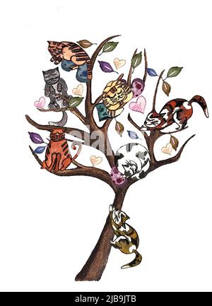 Watercolor hand painted illustration tree with cute sleeping cats in different poses and pillows, Isolated on white background. Stock Photo