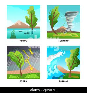 Natural disasters concept 4 flat compositions set with storm flood tornado and tsunami wave isolated vector illustration Stock Vector