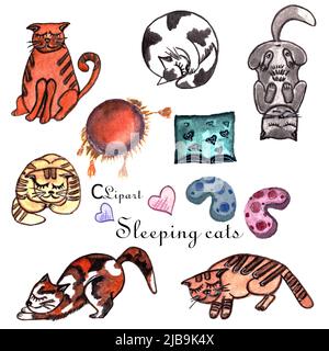 Watercolor hand painted set, stickers ,clip art of cute sleeping cats in different poses and pillows, Isolated on white background. Stock Photo
