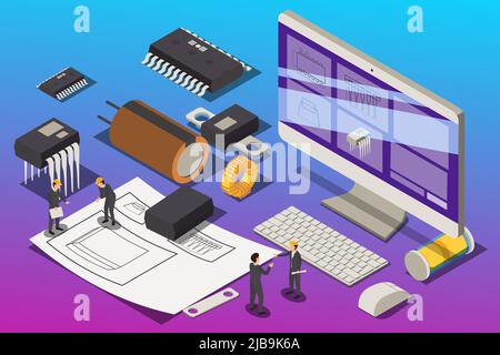 Semiconductor element production isometric composition with project working place computer and small workers with silicon chips vector illustration Stock Vector