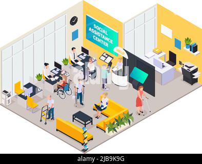 Isometric composition with disabled people with crutches and on wheelchair at social assistance center 3d vector illustration Stock Vector