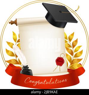 Realistic graduate cap crown of laurel ink pot on white background vector illustration Stock Vector
