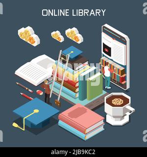 Online library isometric design concept with stack of tutorials covered with magistracy hat under cloud icons isometric vector illustration Stock Vector