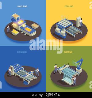 Modern glass production concept 4 isometric compositions square with melting casting cooling grinding cutting process vector illustration Stock Vector