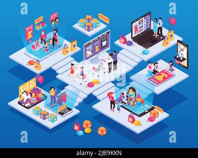 Isometric kids online shopping composition with set of stairway platforms with people toys and smartphone screens vector illustration Stock Vector