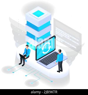 Cloud services isometric composition with icons of server rack with laptop sync icon and characters of users vector illustration Stock Vector