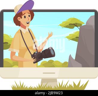 Caroon icon of blogger with camera outdoors on computer monitor vector illustration Stock Vector