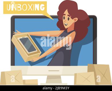 Unboxing video blogger cartoon icon with woman holding cardboard box vector illustration Stock Vector