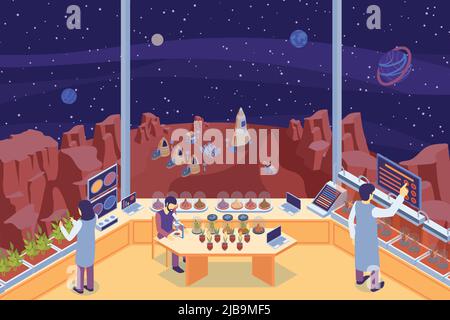 Colored isometric mars colonization laboratory composition with three scientists at the lab vector illustration Stock Vector