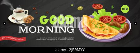Good Morning ad poster with cup of coffee cookies and plate with vegetables pancakes frankfurters on black background vector illustration Stock Vector