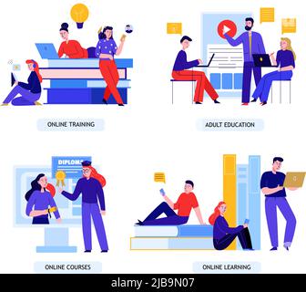 Online education concept 4 flat compositions with adult development courses training personal coach learning isolated vector illustration Stock Vector