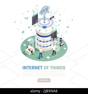 Internet of things design concept with small human characters using gadgets around of data storage large icon isometric vector illustration Stock Vector