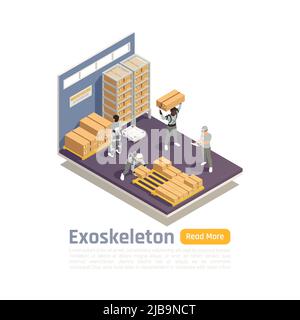 Warehouse isometric composition with workers using exoskeleton as scientific achievement of bionics technologies vector illustration Stock Vector