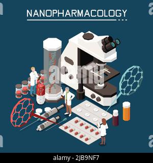 Nanotechnology in pharmacology isometric composition with electronic microscope nanopharmacology packaging pills drugs in nanoparticles background vec Stock Vector